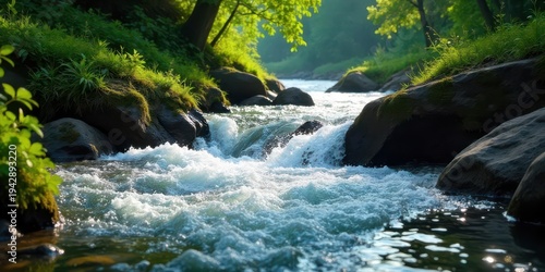 Wallpaper Mural Serene River Flowing Through Lush Forested Landscape, Sunlight Dappling the Water's Surface Torontodigital.ca