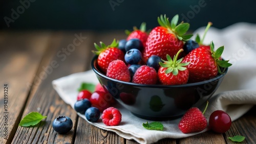 Wallpaper Mural A vibrant bowl of fresh summer berries, including luscious strawberries, plump raspberries, and juicy blueberries, sits on a rustic wooden table, creating a delightful still life scene. Torontodigital.ca