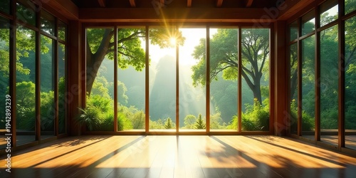 Wallpaper Mural Serene sunrise illuminates a spacious wooden room with expansive glass walls, showcasing a vibrant, lush green landscape beyond. Torontodigital.ca