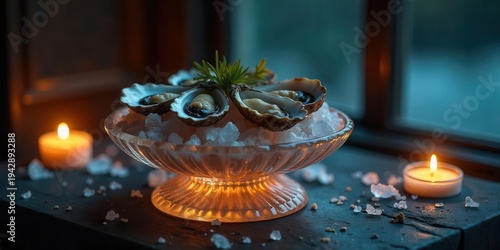 Wallpaper Mural A delectable arrangement of fresh oysters nestled on ice, illuminated by the warm glow of candlelight, creating a sophisticated and romantic ambiance for an elegant dinner setting. Torontodigital.ca