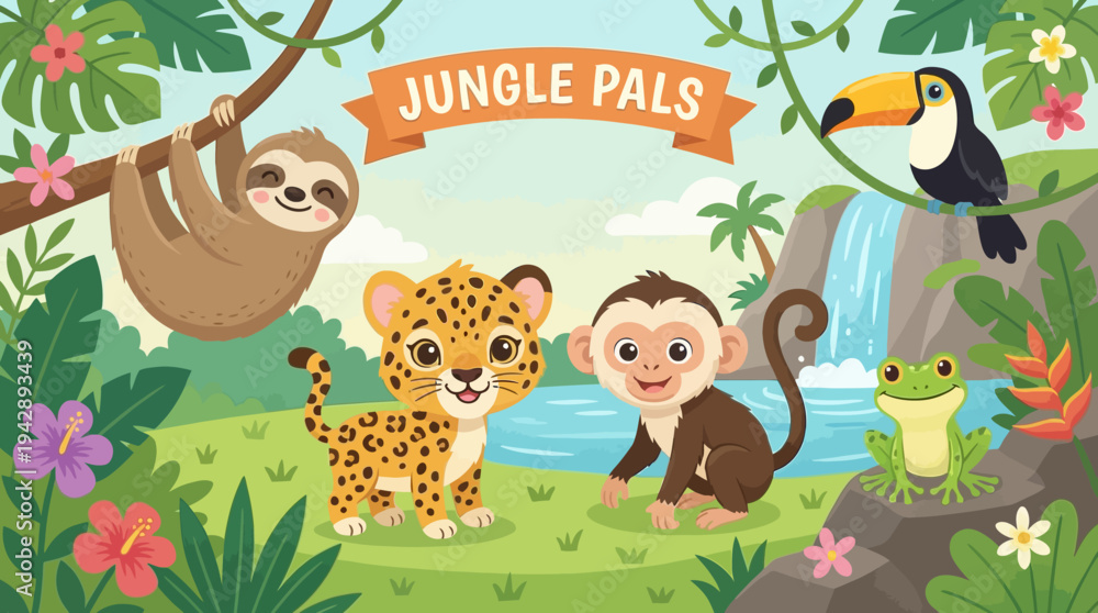 Naklejka premium Friendly Cartoon Jungle Animals Vector Pack for Kids Education and Wild Nature Themed Designs and Creative Projects