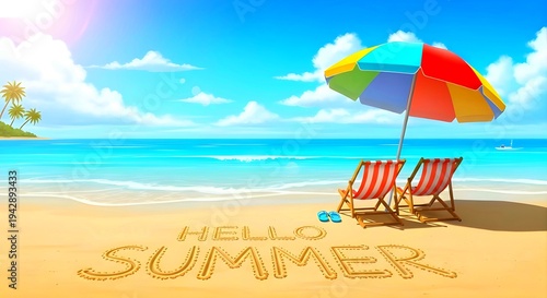 Hello Summer Text on Sandy Beach with Colorful Umbrella and Deck Chairs Tropical Vacation Background