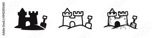 Sandcastle with Spade Icons Set - Beach Play and Summer Activity Symbols for Kids