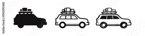 Car with Luggage Icons Set - Road Trip and Travel Vehicle Symbols for Vacation Adventures
