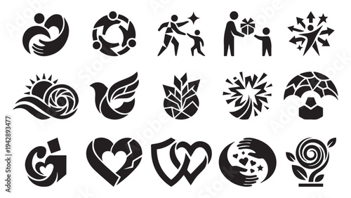 Family Care Charity Love Support Icons Set, Human Help Protection Vector