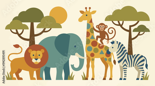 Charming vector illustration of safari animals including an elephant, lion, giraffe, zebra, and monkey with trees and sun