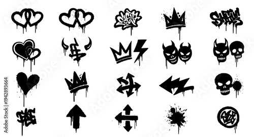 Black spray graffiti icon pack vector with skull devil heart crown lightning and arrow street art elements