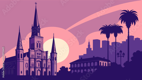 Iconic Cathedral Silhouette Against Sunset Skyline with Palm Trees Urban Landscape Design new orleans skyline