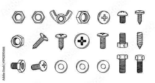 Minimal screw and bolt outline icons vector collection for mechanical hardware and web interface design