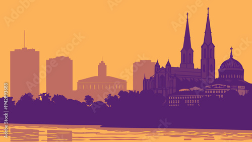 City Skyline Silhouette Over Water During Sunset Against Orange Sky Urban Landscape Architecture View new orleans skyline