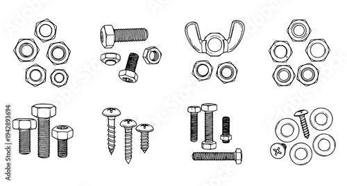 Mechanical hardware vector pack with nuts bolts screws and washers black line illustration