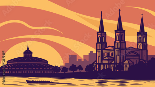 Stunning Sunset Over Historic City Skyline Featuring Distinctive Cathedral and Architectural Dome by Water new orleans skyline