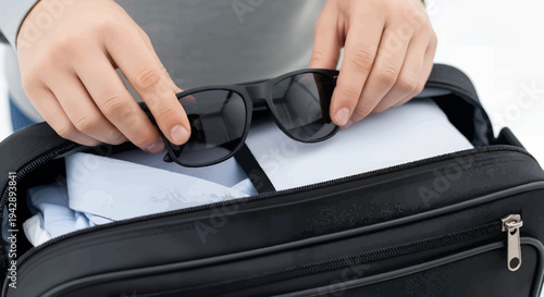 Person packing sunglasses into travel bag for vacation