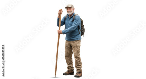 Senior hiker with backpack and walking stick ready for adventure