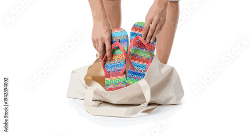 Woman pulling out colorful flip flops from eco-friendly tote bag