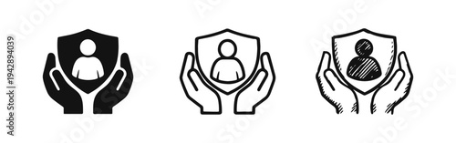 Personal Protection and Insurance Icons. Human Security Shield Symbols in Solid, Outline, and Hand-drawn Styles.