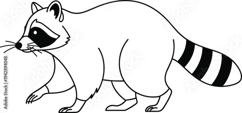 Black and white cartoon raccoon walking to left animal mammal