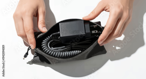Person organizing cables in a black storage bag for easy transport