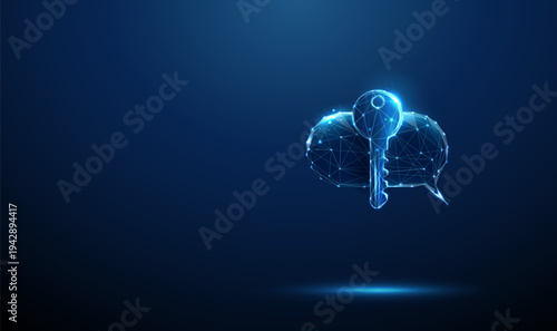 3d speech bubble and digital key. Secure communication, encrypted messaging, private conversation access, protected dialogue channel, chatbot solution, automated support concept.
