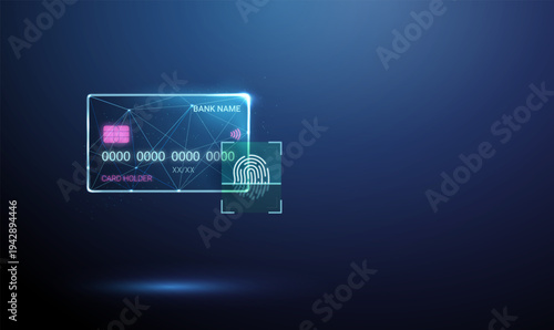 3d bank card with fingerprint inside digital scanning frame. Biometric payment authentication, identity confirmation, fraud prevention, contactless banking security concept.