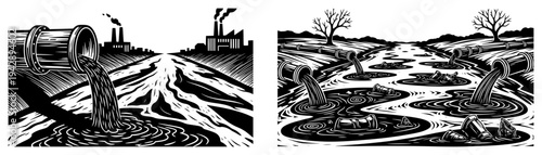 Industrial water pollution vector set, factory waste pipes pouring toxic liquid into river landscape