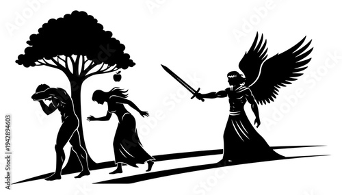 Expulsion from Eden Adam and Eve with angel and sword biblical scene, paradise lost garden of eden vector