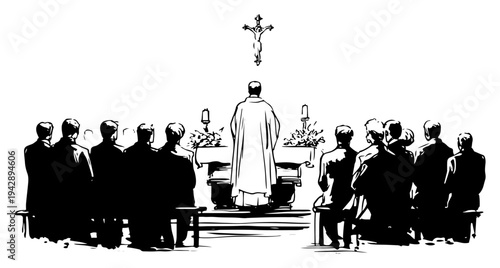 Catholic church mass congregation with priest at altar and crucifix, religious worship service illustration