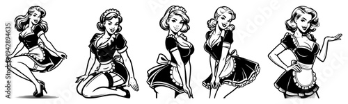 Vintage pinup girls and housemaid vector set, retro woman waitress in apron various poses illustration