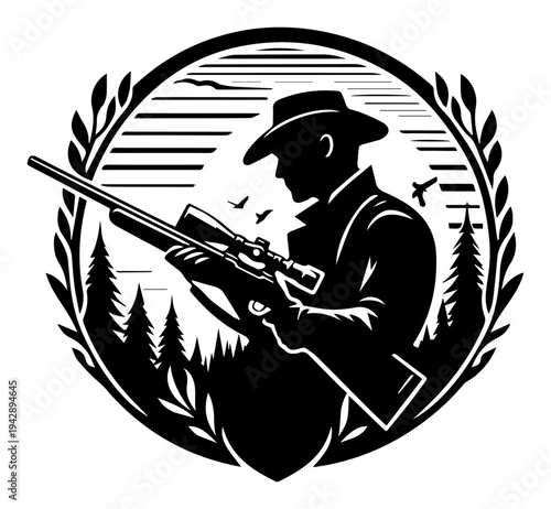 Hunter with sniper rifle in forest emblem, outdoors hunting season badge or logo vector illustration