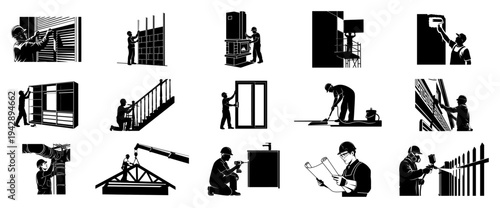 Construction workers and home renovation icons set, builders contractors and repairmen silhouettes vector