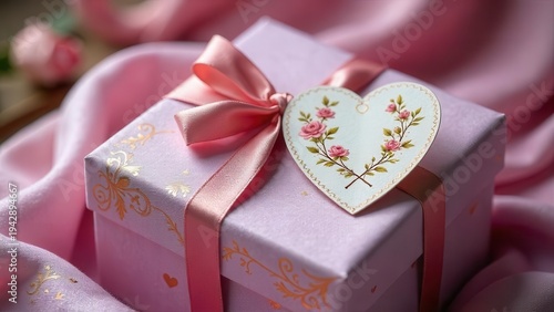 Wallpaper Mural A delicately wrapped present, adorned with a pink ribbon and a charming heart-shaped tag featuring floral accents, rests on a soft pink fabric, conveying a sense of elegance and thoughtful gifting. Torontodigital.ca