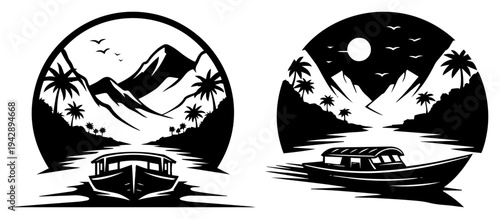 Tropical landscape emblems with mountains and boat, exotic island nature badges with palm trees and river
