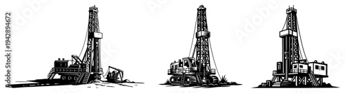 Oil rig drilling platforms vector set, industrial petroleum extraction machinery and gas derrick illustrations