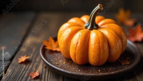 Wallpaper Mural Autumnal Still Life A Gleaming Pumpkin on Rustic Wood with Fallen Leaves Torontodigital.ca