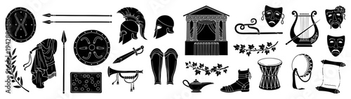 Ancient Greek and Roman history icons set vector, antique mythology elements with gladiator helmet and shield
