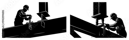 Construction workers on steel beam silhouettes set, industrial builders working on skyscraper frame vector