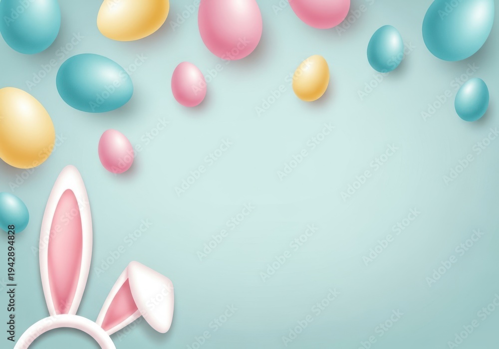 Fototapeta premium Colorful easter eggs and bunny ears on blue background with copy space