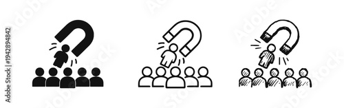 Customer acquisition magnet icon set. Lead generation, attraction, and marketing strategy concept.