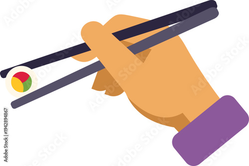 Hand using chopsticks picking up a piece of sushi