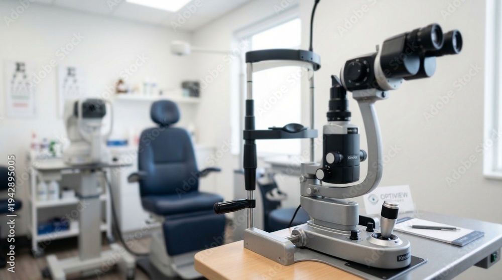 Obraz premium Modern slit lamp in eye clinic examination room for glaucoma assessment 