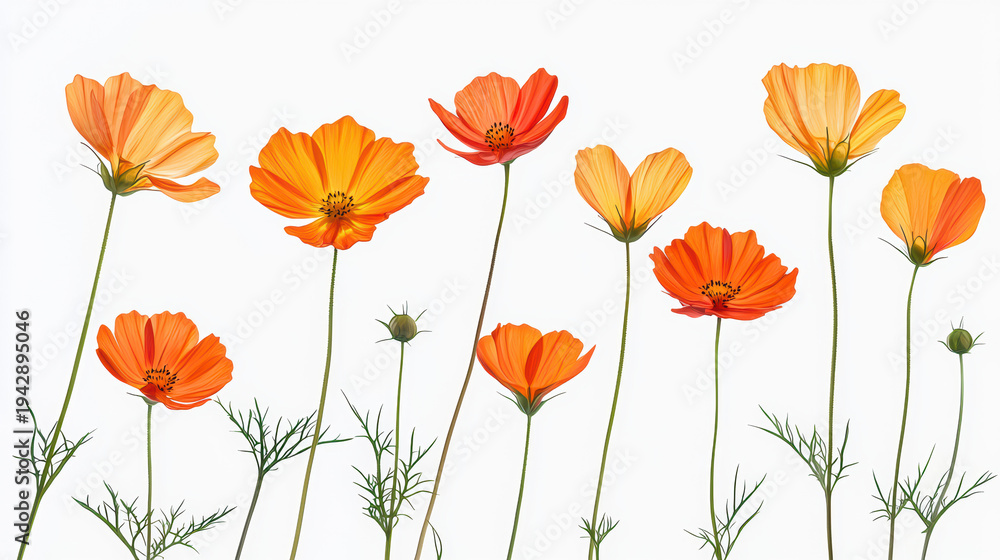 Fototapeta premium A vibrant group of orange cosmos flowers blooms against a crisp white background, showcasing their delicate petals and slender stems in a natural arrangement.