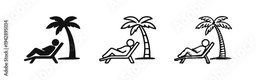 Person relaxing on beach chair under palm tree icon set. Vacation, holiday, and summer leisure concept.