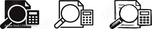Financial Audit and Accounting Analysis Icon Set: Document with Magnifying Glass and Calculator