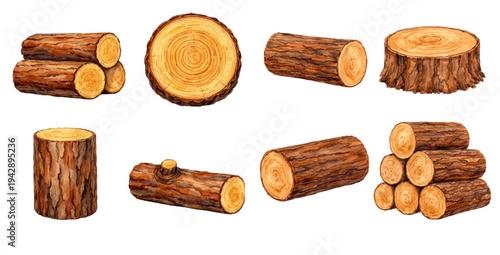 A charming watercolor collection of wooden logs and tree trunks featuring cut timber pieces illustrated in a rustic forestry style.
