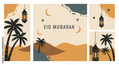 Minimalist Boho Eid Mubarak Greeting Card Set with Desert Landscape, Palm Trees, and Lanterns in Earthy Terracotta, Mustard, and Charcoal Tones
