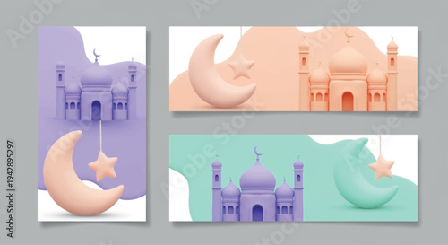 Modern 3D Pastel Ramadan and Eid Banner Set with Cute Clay Mosque, Crescent Moon, and Hanging Star Illustrations in Soft Purple, Peach, and Mint