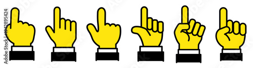 黄色の指差しハンドサインアイコンセット（袖付き手ジェスチャー・指さしポーズのシンプルイラスト素材）