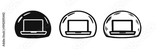 Laptop Data Security and Online Protection Icon Set: Computer Inside Shield Bubble