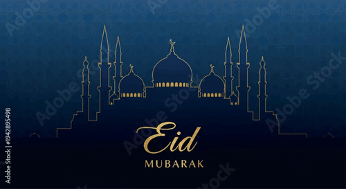 Minimalist Eid Mubarak Banner with Golden Mosque Line Art Silhouette and Elegant Calligraphy on Deep Navy Blue Textured Background