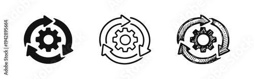 Process Optimization and Continuous Improvement Icon Set, Workflow Cycle and System Automation Gear Icons.